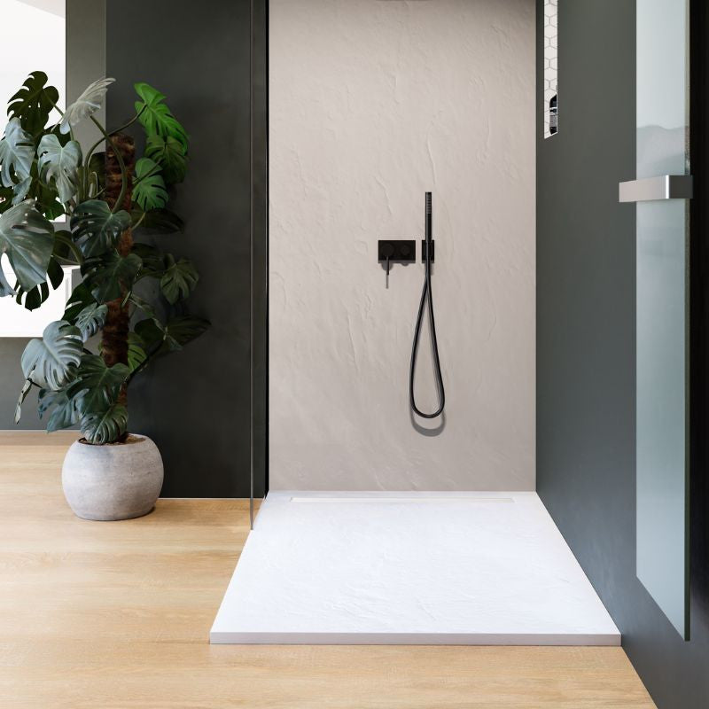 Receveur résine 120x80cm MARMOX RC12080SLATE-9010-LINE - Grille caniveau excentrée - Solid surface - Blanc imitation ardoise