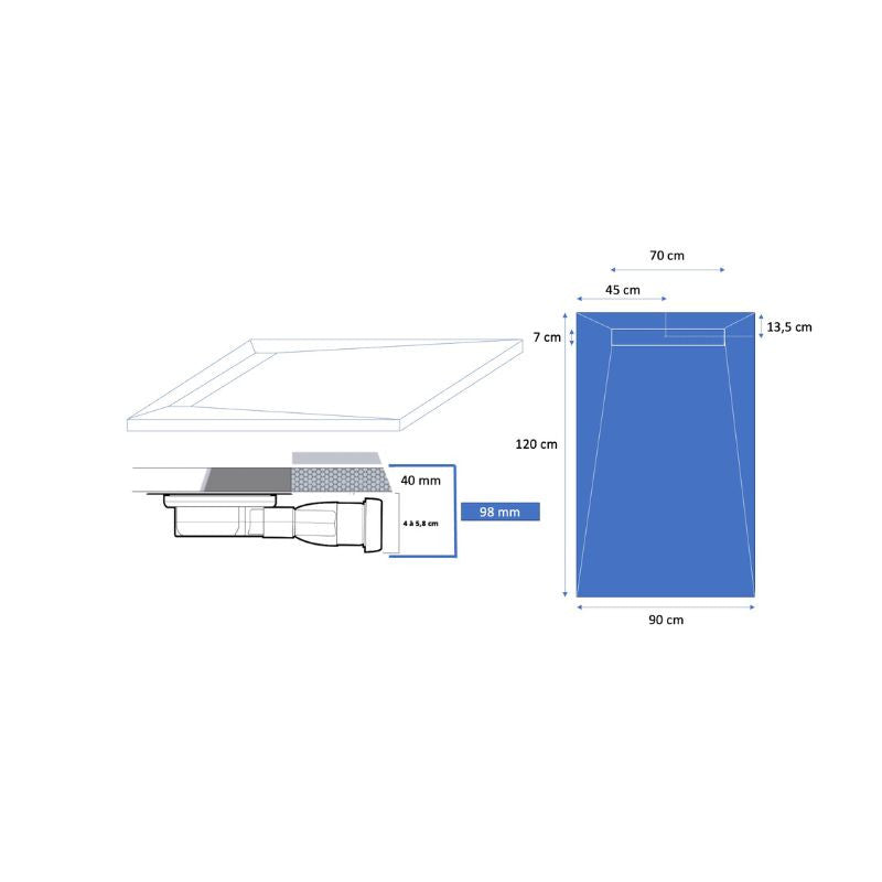 Receveur résine 120x90cm extra-plat MARMOX RC12090LITE-7015-LINE - Grille caniveau excentrée - Gris imitation ardoise