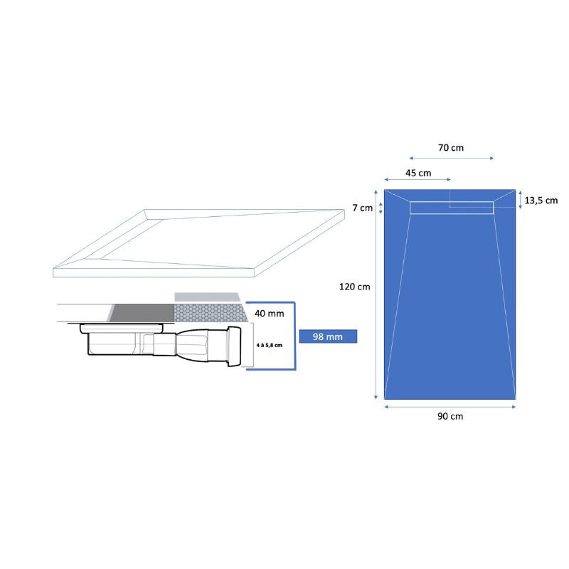 Receveur résine 120x90cm extra-plat MARMOX RC12090LITE-9010-LINE - Grille caniveau excentrée - Blanc imitation ardoise
