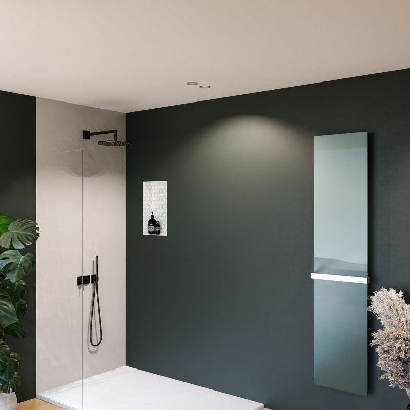 Receveur résine 120x90cm extra-plat MARMOX RC12090LITE-9010-LINE - Grille caniveau excentrée - Blanc imitation ardoise