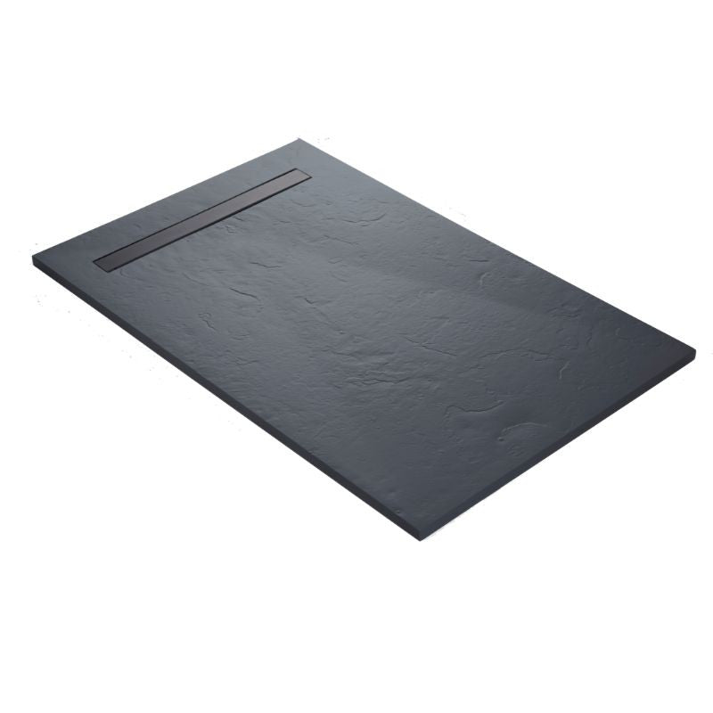 Receveur résine 120x90cm MARMOX RC12090SLATE-7015-LINE - Grille caniveau excentrée - Solid surface - Gris imitation ardoise