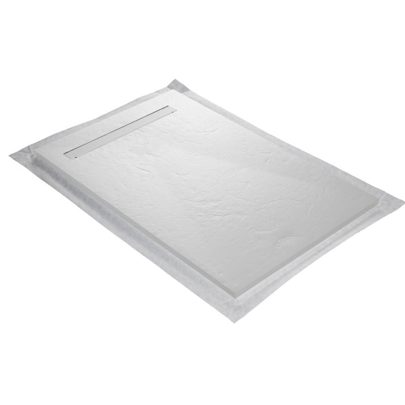 Receveur résine 120x90cm MARMOX RC12090SLATE-9010-LINE - Grille caniveau excentrée - Solid surface - Blanc imitation ardoise