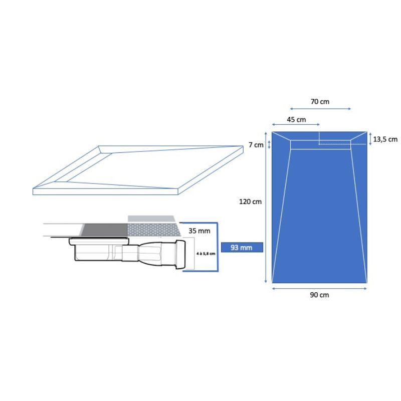 Receveur résine 140x90cm extra-plat MARMOX RC14090LITE-7015-LINE - Grille caniveau excentrée - Gris imitation ardoise