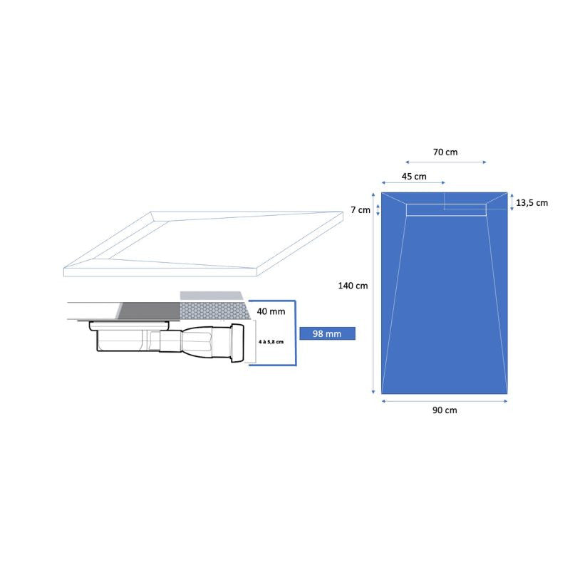 Receveur résine 140x90cm extra-plat MARMOX RC14090LITE-9010-LINE - Grille caniveau excentrée - Blanc imitation ardoise