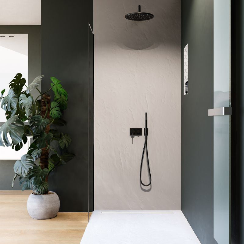 Receveur résine 140x90cm extra-plat MARMOX RC14090LITE-9010-LINE - Grille caniveau excentrée - Blanc imitation ardoise