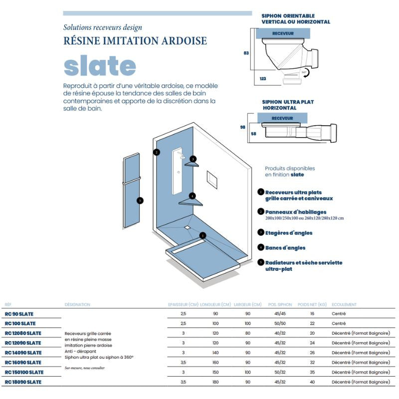 Receveur résine 150x100cm MARMOX RC150100SLATE-7015 - Grille carrée excentrée - Solid surface - Gris imitation ardoise