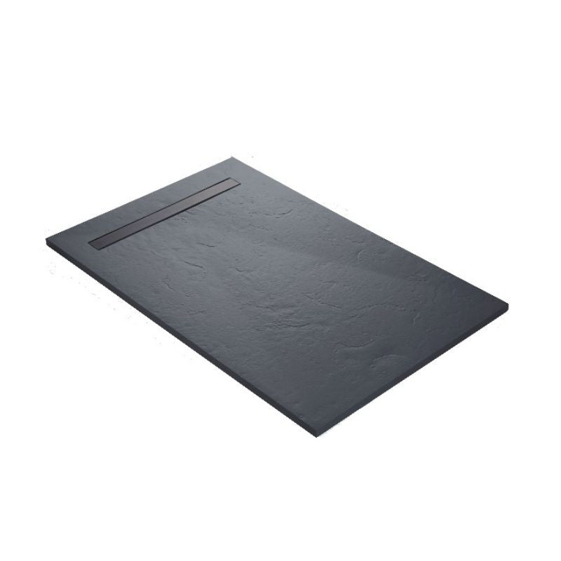 Receveur résine 150x100cm MARMOX RC150100SLATE-7015-LINE - Grille caniveau excentrée - Solid surface - Gris imitation ardoise