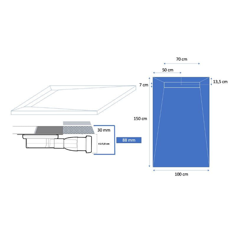 Receveur résine 150x100cm MARMOX RC150100SLATE-9010-LINE - Grille caniveau excentrée - Solid surface - Blanc imitation ardoise