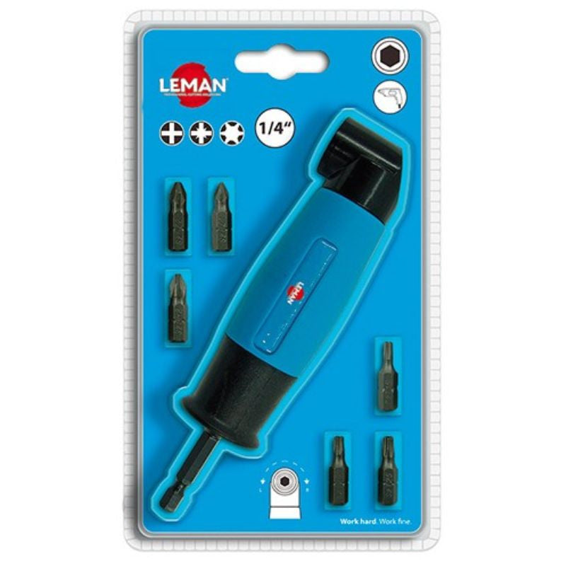 Renvoi d'angle 90°+ 6 embouts 25mm LEMAN 56007 - PH2, PZ1, PZ2, T15, T20, T25