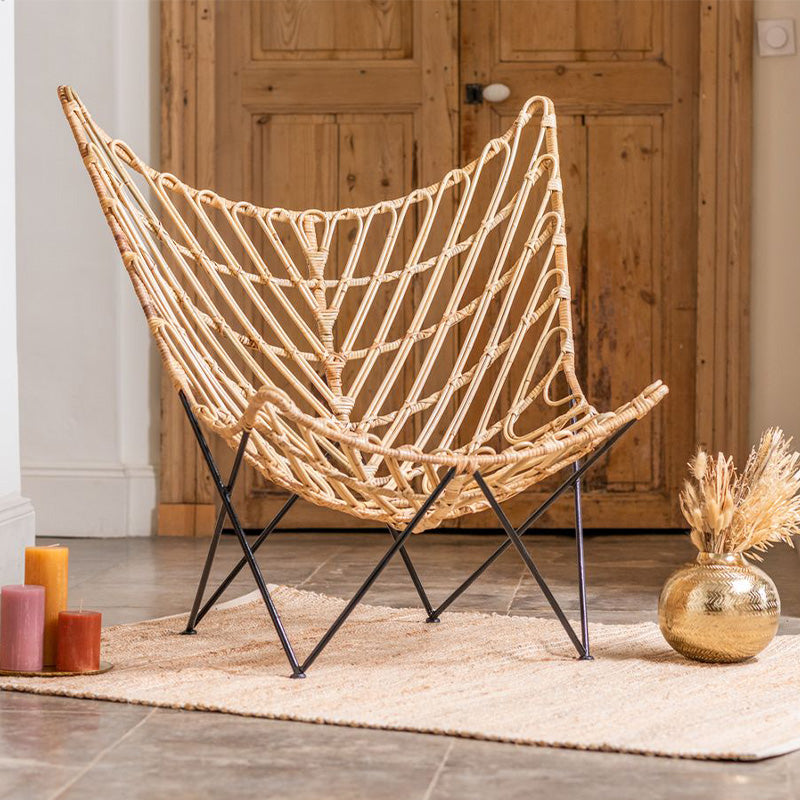 Fauteuil papillon Rose - 95 x 94 x 73 cm - metal & rotin - naturel & noir