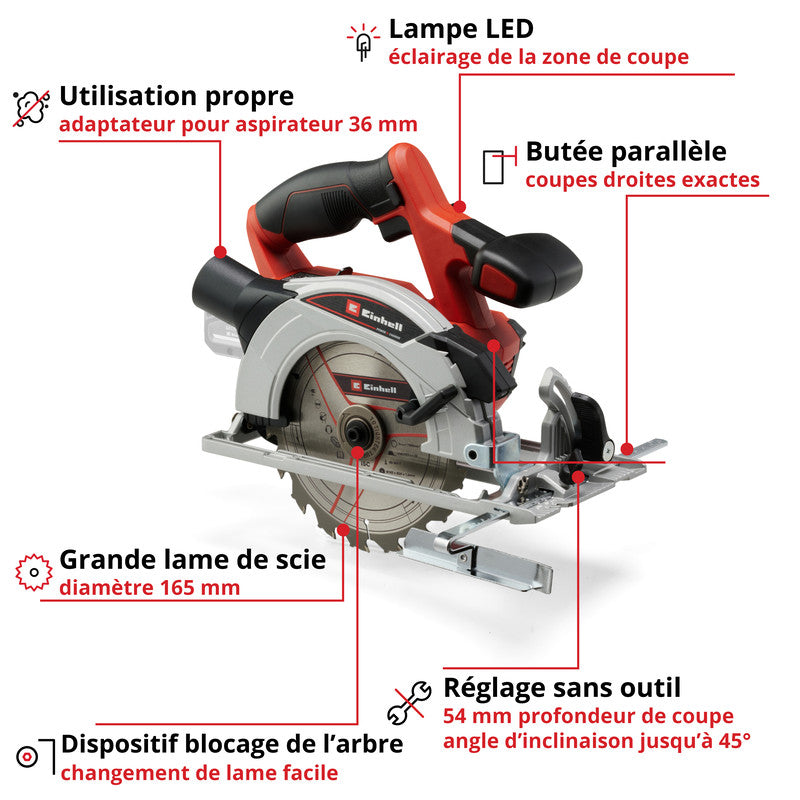 Scie circulaire 18V Ø165mm sans fil EINHELL TE-CS 18/165-1 Li Solo Power X-Change (vendu sans batterie)