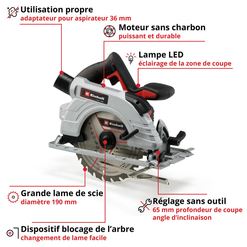 Scie circulaire 18V Ø190mm sans fil EINHELL TE-CS 18/190 Li BL-Solo Power X-Change (vendu sans batterie)