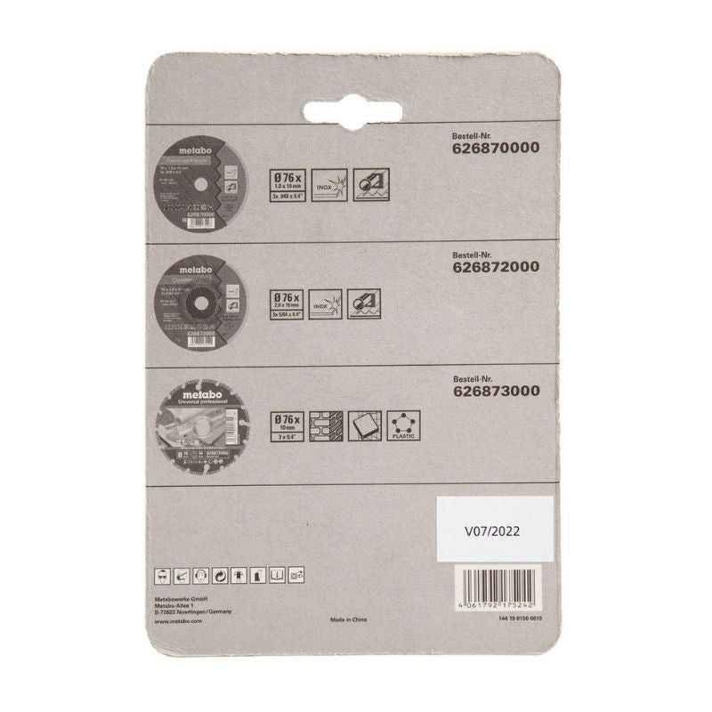 Set de 3 disques Ø76mm à tronçonner METABO 626879000 pour meuleuse d'angle