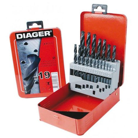 Coffret 19  forets métaux - DIAGER  - HSS standard angle 118°  Diam.1 à 10 mm par 0,5 mm