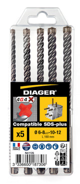 Coffret plastique 5 forets béton - DIAGER  - 4G4 4 taillants compatible SDS+ L160 Diam.6-8(x2)-10-12 mm