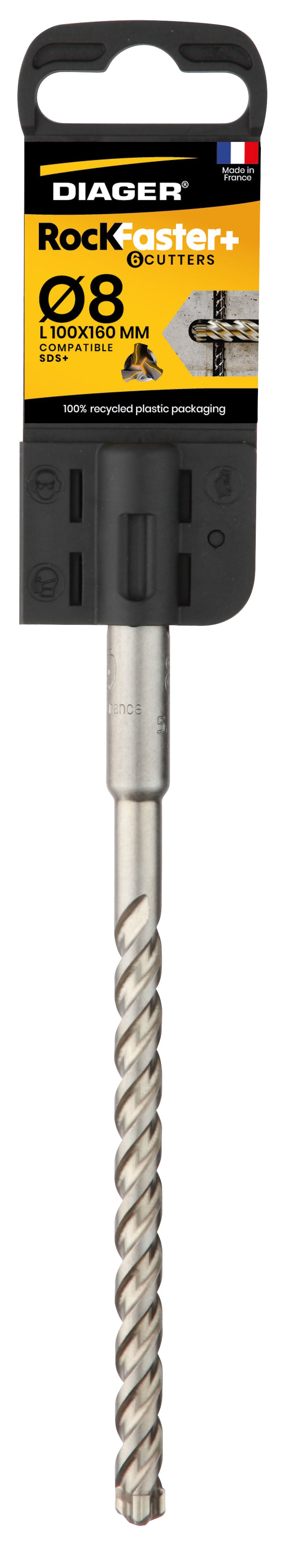 Foret béton - DIAGER  - RocKFaster 6 taillants Tête Carbure Monobloc compatible SDS+  Diam.8x160mm
