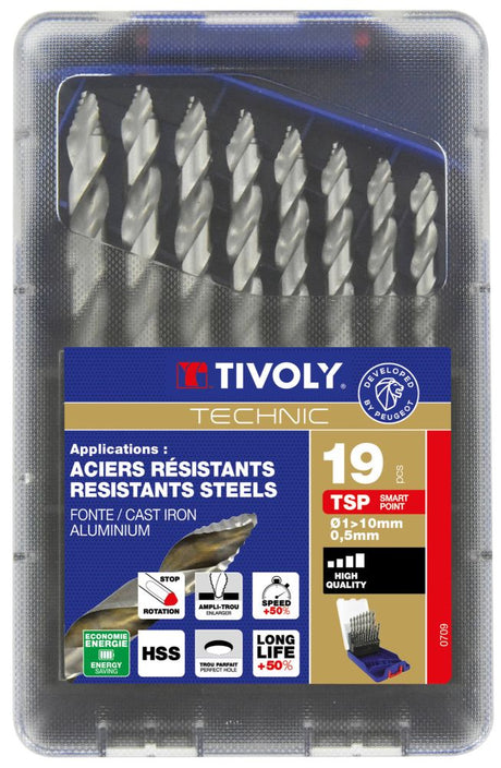 Tivoly   19 forets métaux TSP HSS  Affûtage étagé Ø 1 à 10mm par 1/2 PREMIUM