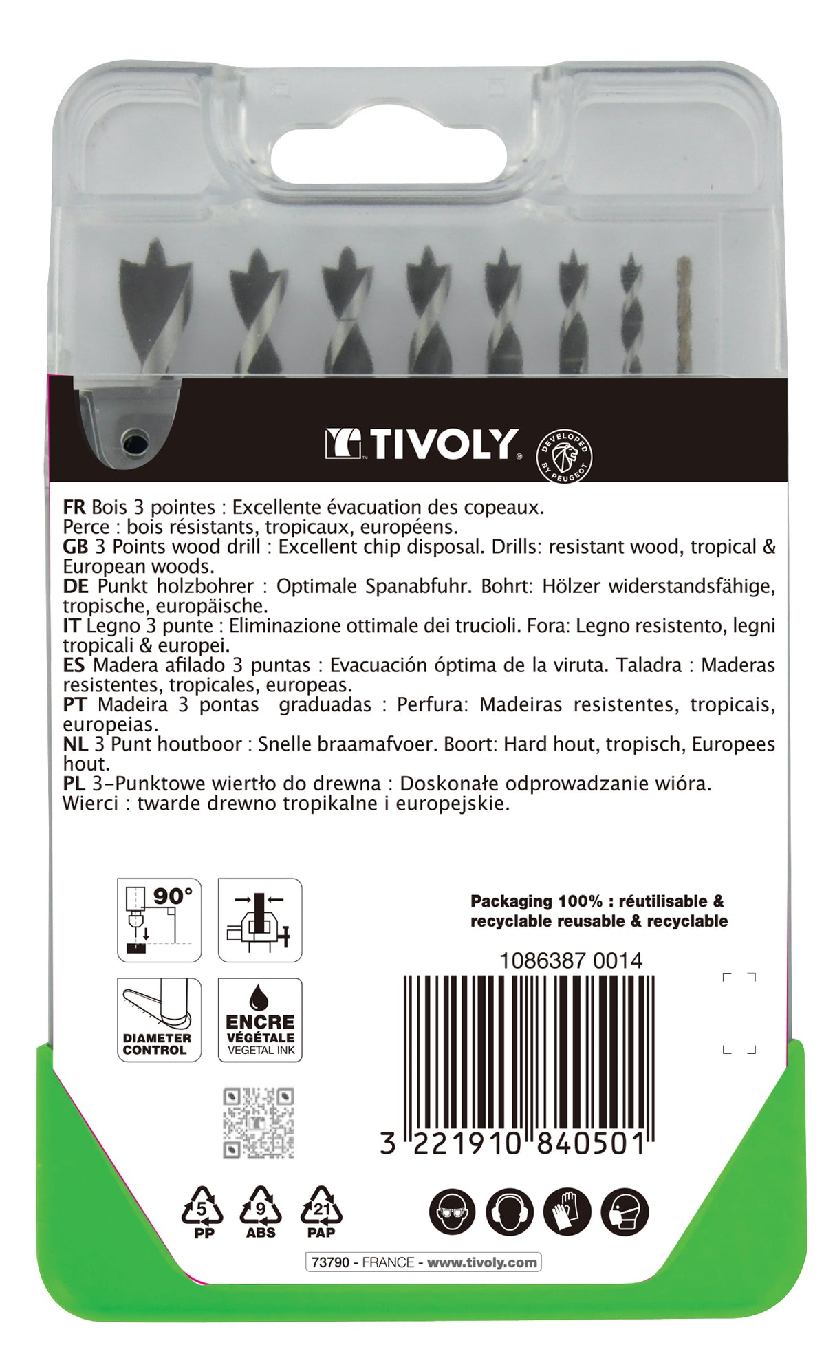 Tivoly   Coffret 8 forets bois 3 pointes gradués SLR Ø 2 à 10mm