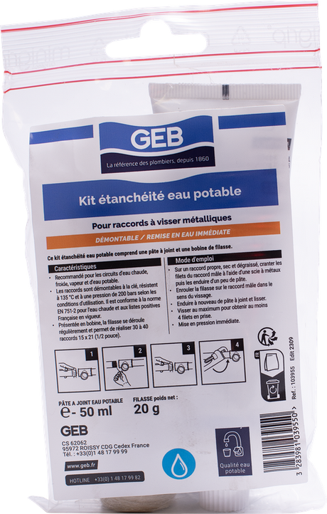 Kit étanchéité complet GEB pour raccords à visser métalliques 50ml + filasse 20g