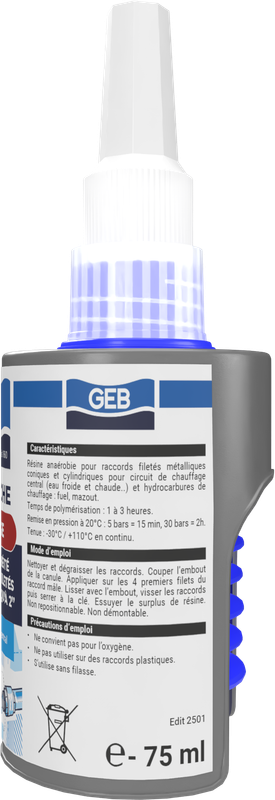 Résine anaérobie d'étanchéitée GEB pour raccords filetés métal chauffage et air comprimé 75ml