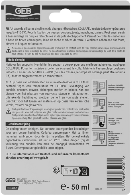 Colle réfractaire GEB COLLAFEU 50ml résistante jusqu’à 1100°C
