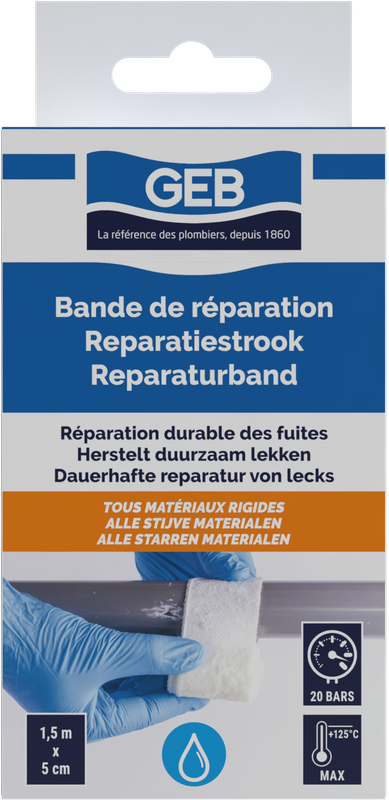 Bande de réparation en fibre de verre GEB pour fuites, fissures et trous sur tous matériaux rigides