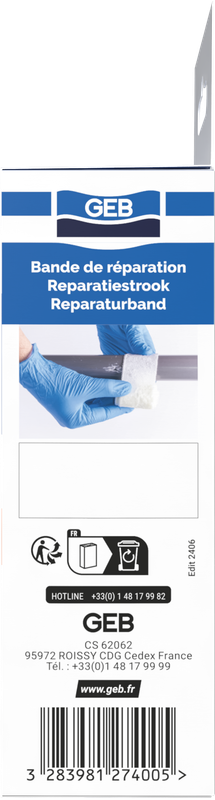 Bande de réparation en fibre de verre GEB pour fuites, fissures et trous sur tous matériaux rigides