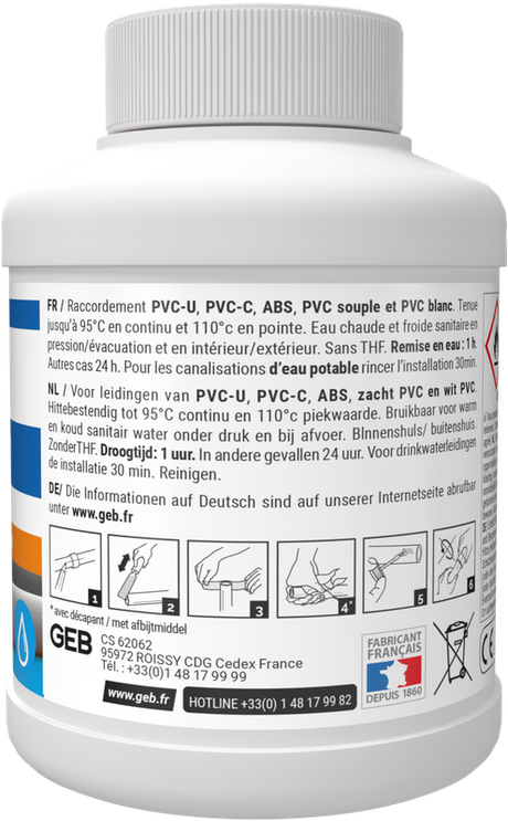 Colle haute performance GEB pour assemblage de canalisations en PVC 250 ml