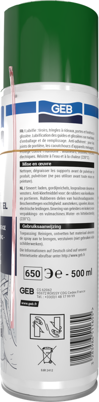 Lubrifiant anti-adhérent GEB 100% silicone aérosol 650 500 ml
