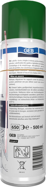 Lubrifiant anti-adhérent GEB 100% silicone aérosol 650 500 ml
