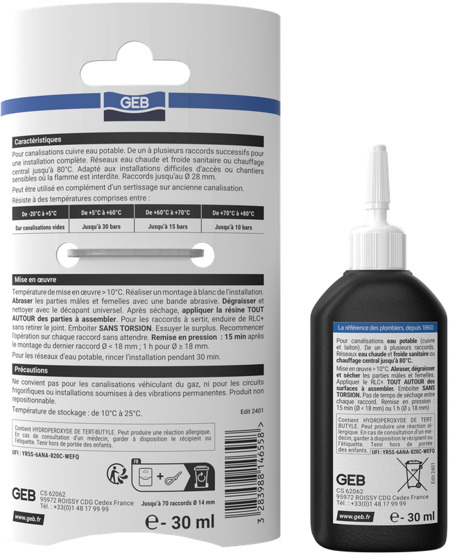 Résine anérobie GEB RLC+ pour le raccordement sans flamme d'une installation en cuivre et laiton 30ml