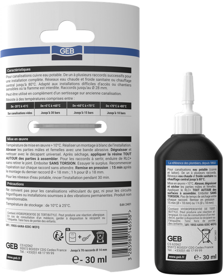 Résine anérobie GEB RLC+ pour le raccordement sans flamme d'une installation en cuivre et laiton 30ml