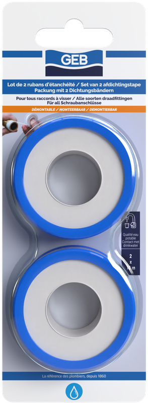 Lot de 2 rubans d'étanchéité en PTFE GEB 12m x 12mm pour l'étanchéité des raccords filetés