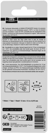 Lot de 2 rubans d'étanchéité en PTFE GEB 12m x 12mm pour l'étanchéité des raccords filetés