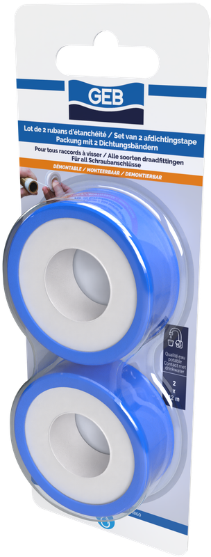 Lot de 2 rubans d'étanchéité en PTFE GEB 12m x 12mm pour l'étanchéité des raccords filetés