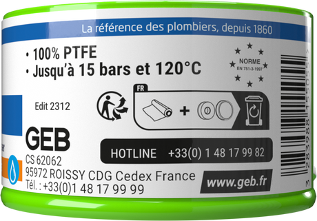 Fil d'étanchéité GEB 100% PTFE pour tous raccords à visser 60m