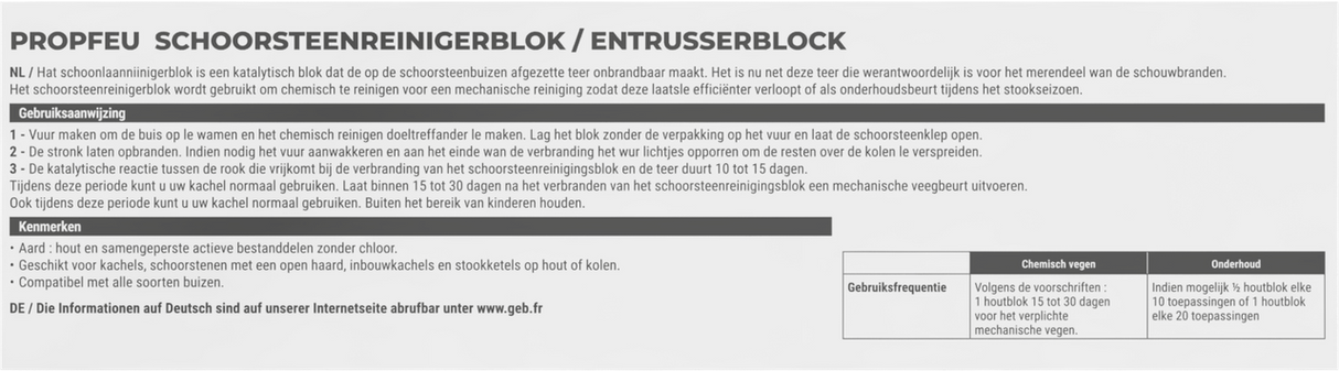 Bûche de ramonage des goudrons et suies GEB Propfeu pour conduits de cheminées et poêles Marron