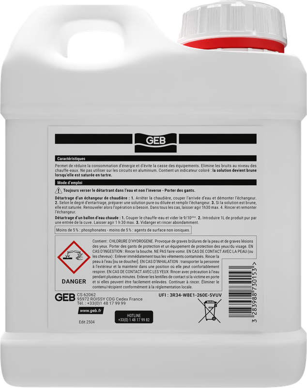 Détartrant G5 GEB élimine le tartre dans les installations d'eau chaude sanitaire 1L