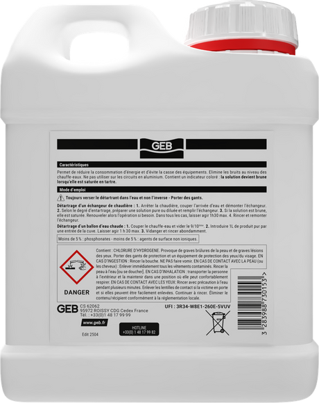Détartrant G5 GEB élimine le tartre dans les installations d'eau chaude sanitaire 1L
