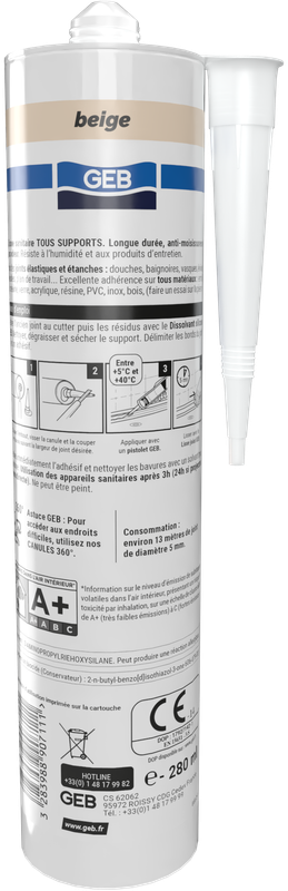 Mastic silicone tous supports GEB couleur beige pour l'étanchéité sanitaire 280 ml