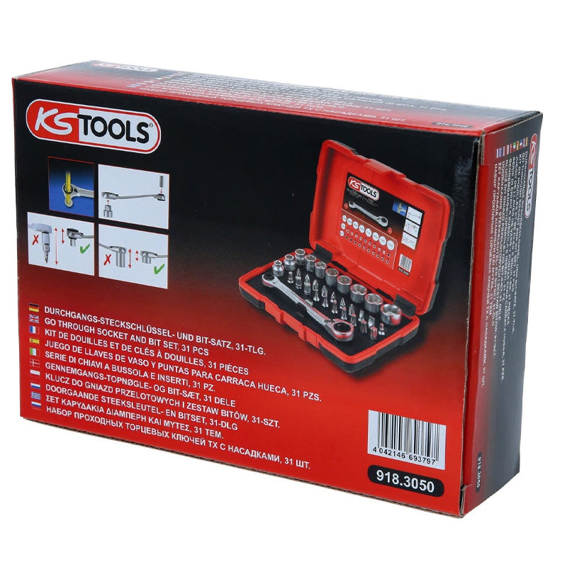 Coffret de douilles traversantes de 5 à 14mm et embouts de vissage 1/4, 31 pcs  - KS TOOLS - 918.3050