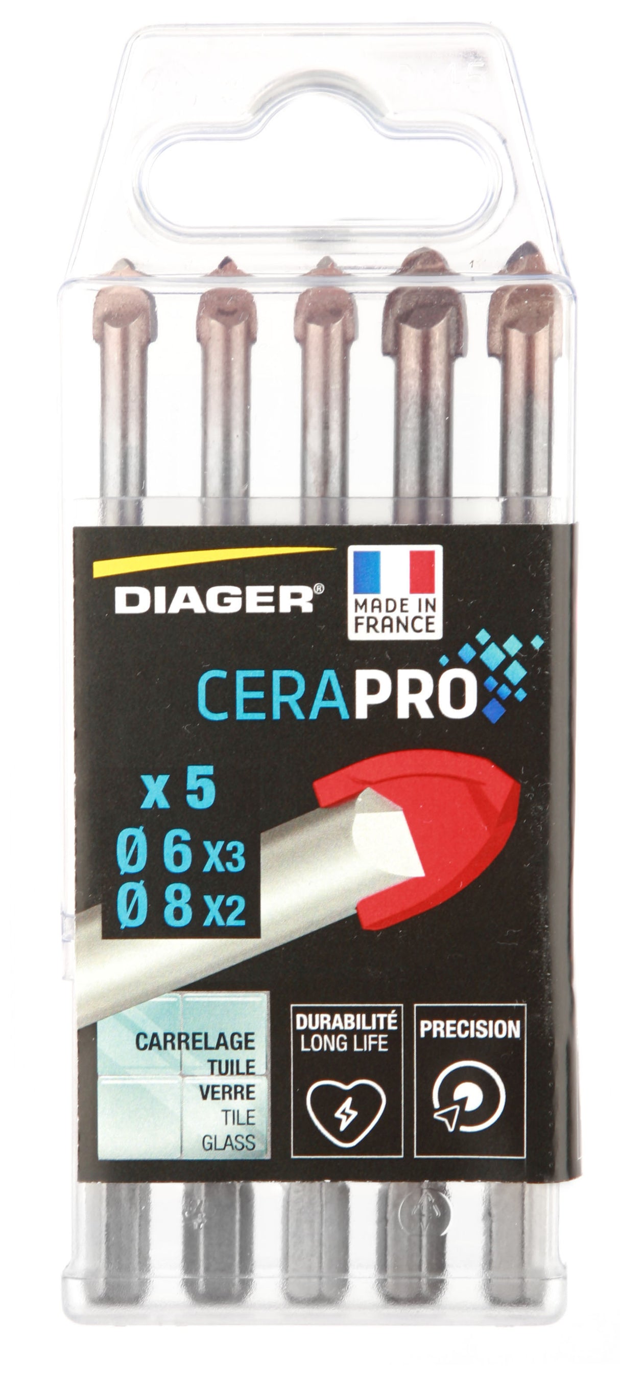 Coffret 5 forets - DIAGER  -  Cerapro attachement 6 pans Diam.6(x3)-8(x2) mm