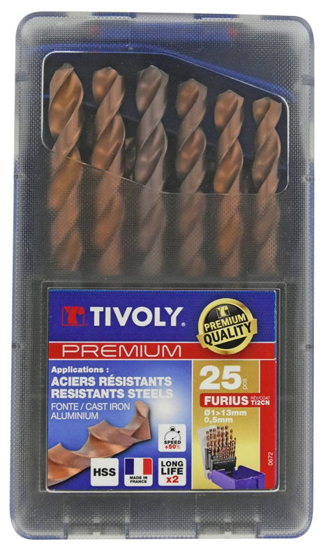 Tivoly   25 forets métaux FURIUS HSS revêtus FUSIO pointe en croix Ø 1 à 13mm par 1/2 PREMIUM