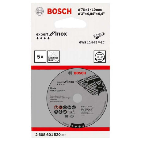 5 Disques à Tronçonner BOSCH 76 mm Expert for Inox pour Meuleuse d'angle GWS 10,8-76 V-EC
