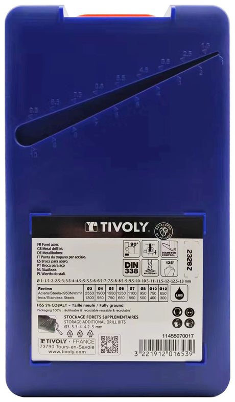 Tivoly   25 forets métaux HSS-E5 (Cobalt 5%) pointe en croix Ø 1 à 13mm par 1/2