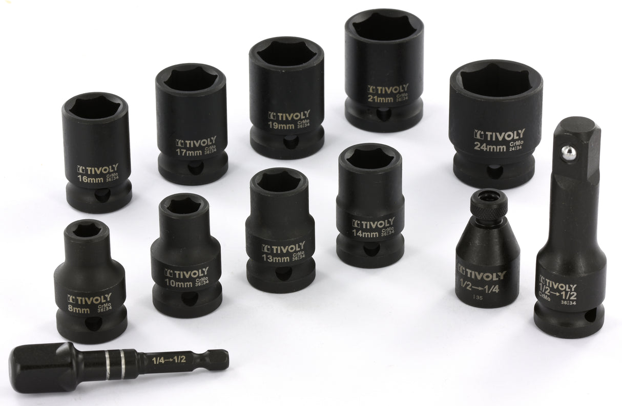 Tivoly   12 pièces- 9 Douilles à choc Ø 8 à 24mm + 2 adaptateurs + 1 rallonge -IMPACT