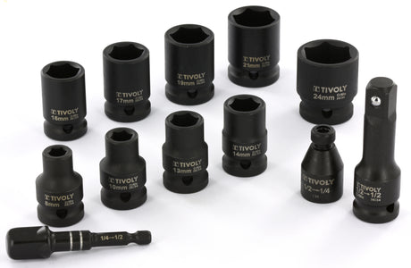 Tivoly   12 pièces- 9 Douilles à choc Ø 8 à 24mm + 2 adaptateurs + 1 rallonge -IMPACT