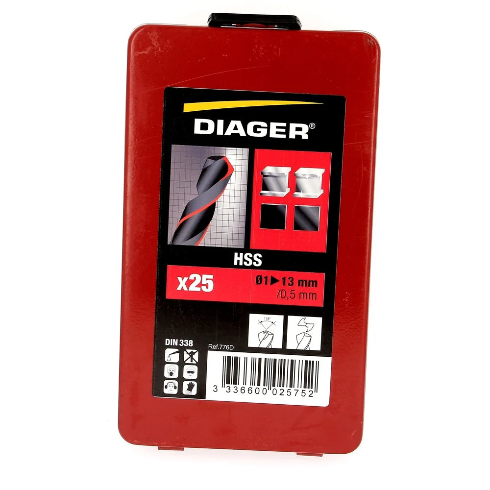 Coffret 25  forets métaux - DIAGER  - HSS standard angle 118°  Diam.1 à 13 mm par 0,5 mm