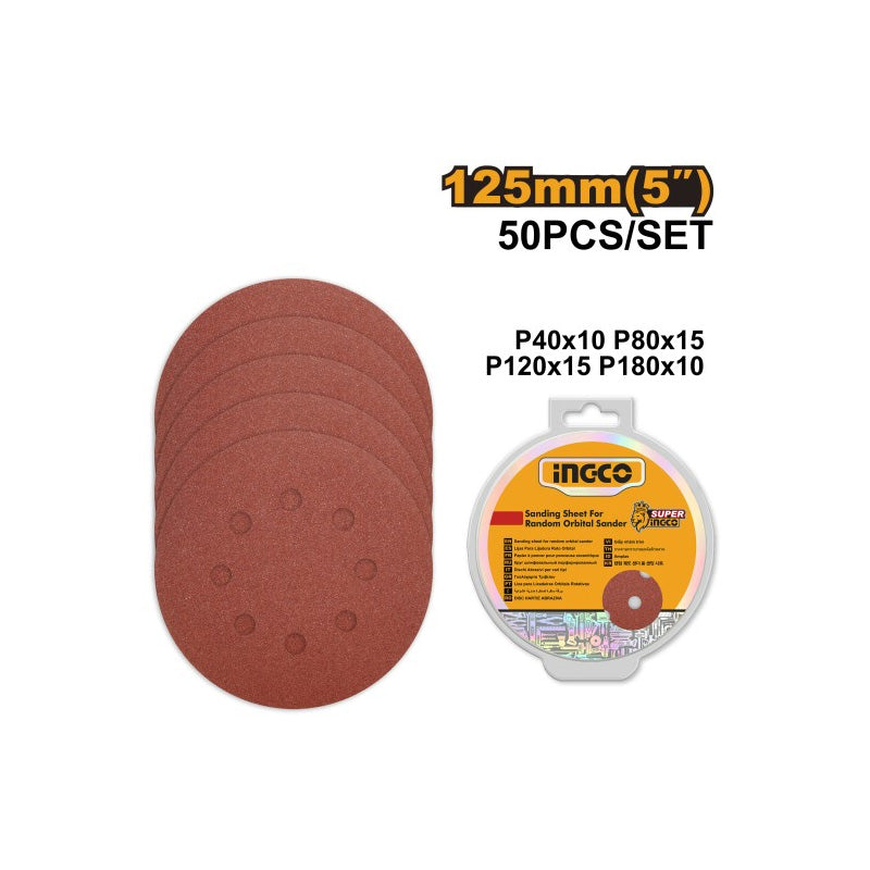 Boite de 50 abrasifs diam. 125 mm pour ponceuse orbitale (grains P40 - P80 - P120 - P180) - INGCO - AKRS1250511