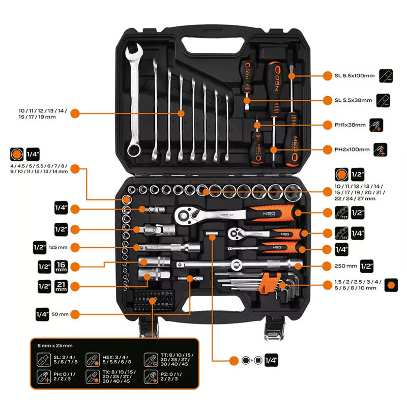 Coffret ensemble d'outils 100 pièces 1/2", 1/4" NEO TOOLS - 10-206